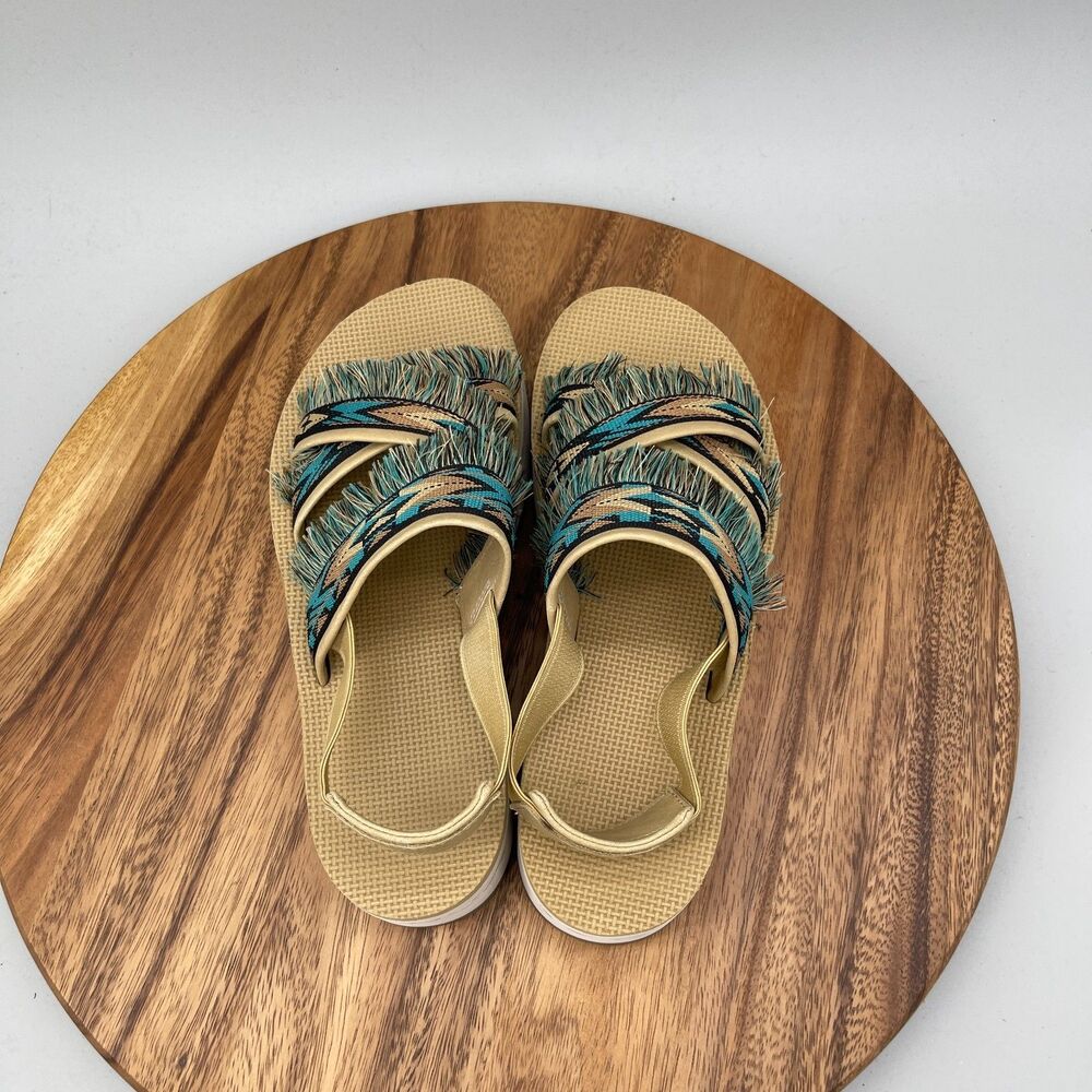 Teva Flatform Ceres Sandals Womens Size 8 Teal Blue Aztec Design Boho Fringe - Picture 5 of 9